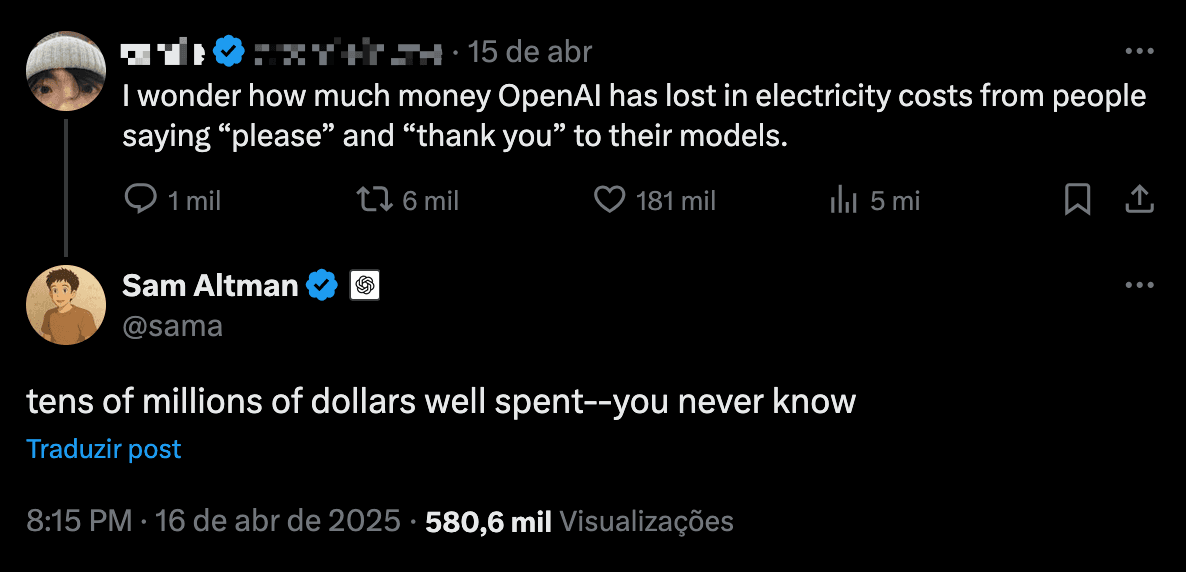 Thread on X about OpenAI's spending with people saying 'thank you' after a prompt